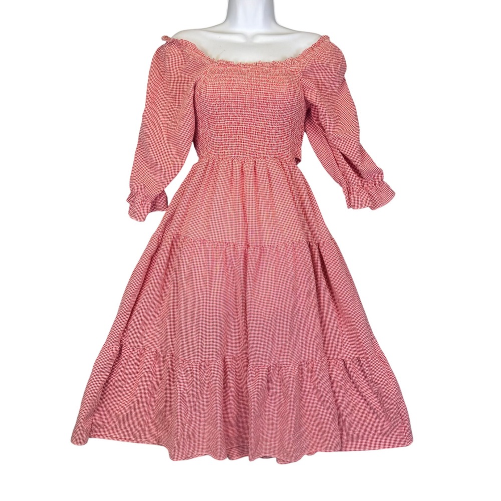 Red Gingham Smocked Tiered Midi Dress S Prairie Peasant Cottagecore Bohofarmcore